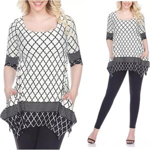 White Mark Aicha Tunic Top 3XL NWT Black White Geometric Sharkbite Hem Boho Flow